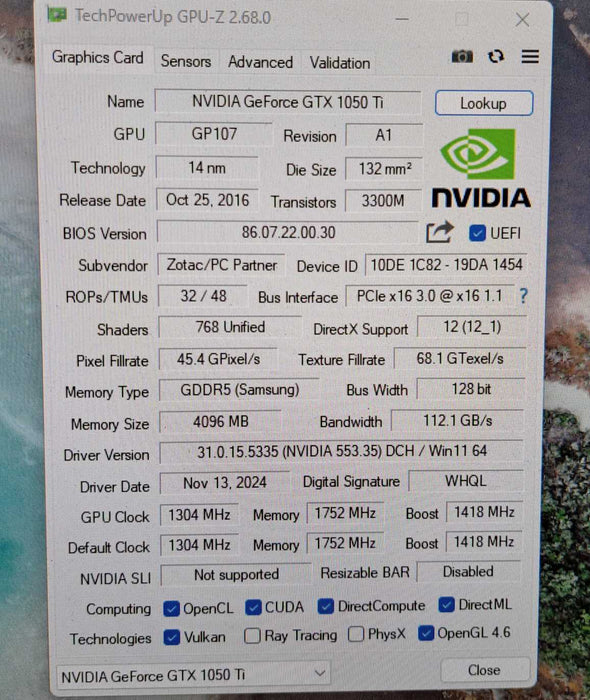 Zotac GeForce GTX 1050 Ti 4GB GDDR5 Graphics Card | DVI HDMI DP )