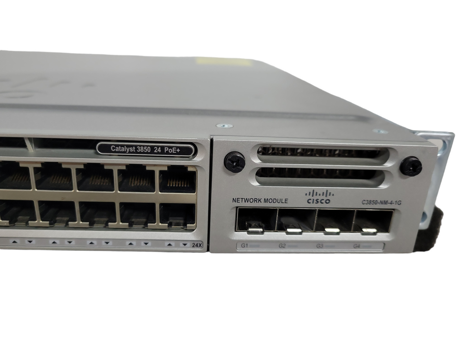 Cisco WS-C3850-24P-S 24 Port Gigabit PoE+ Switch w/ C3850-NM-4-1G, 1x PSU !