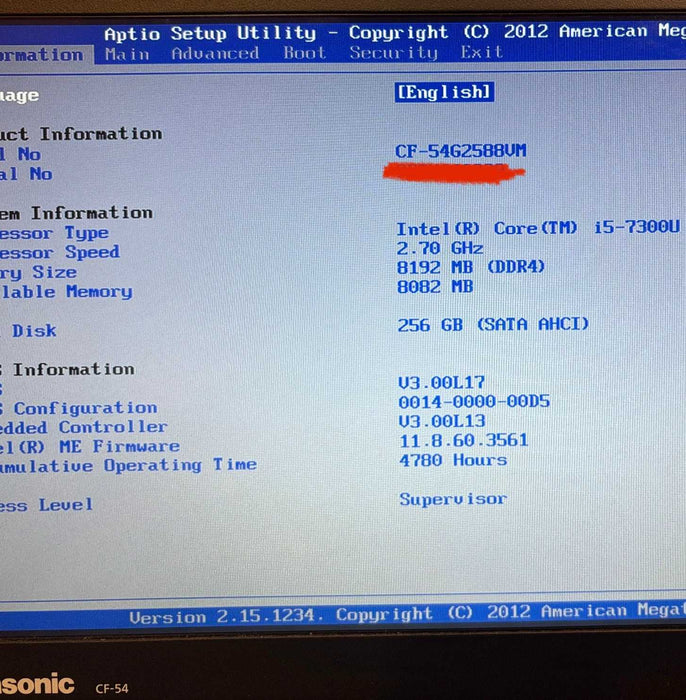 Panasonic ToughBook CF-54 i5-7300U@2.6GHz 8GB RAM 256GB SSD 4780Hrs.
