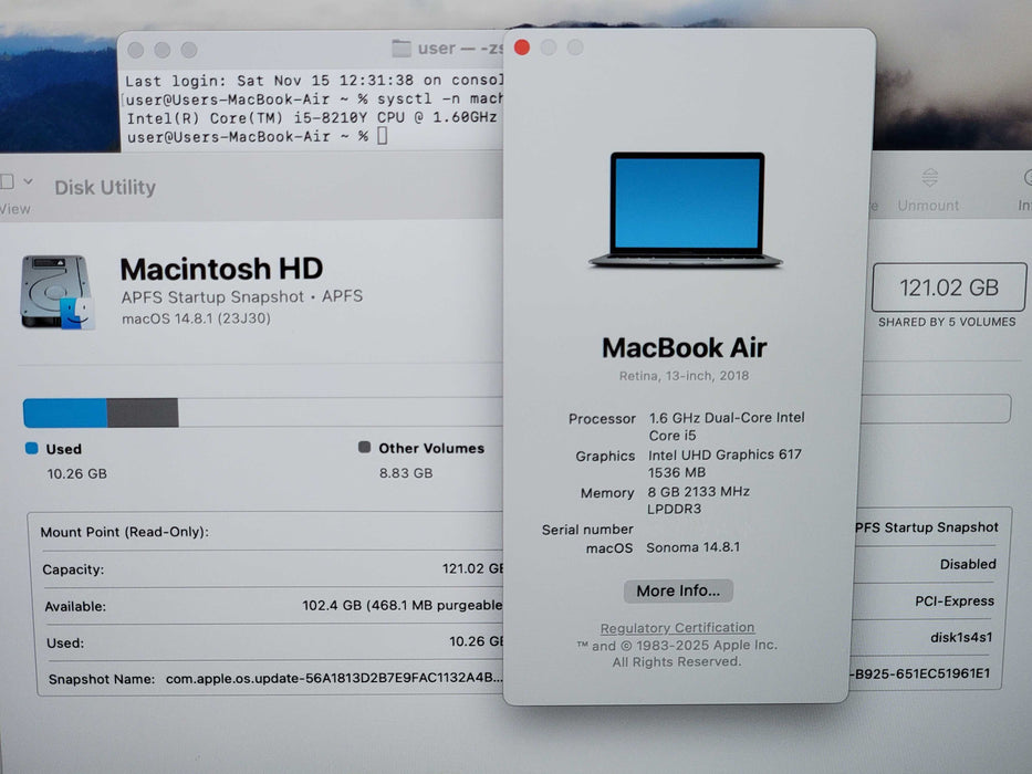 Apple Macbook Air 2018 13" 2-Core i5-8210Y @ 1.6GHz 8GB DDR3 120GB SSD