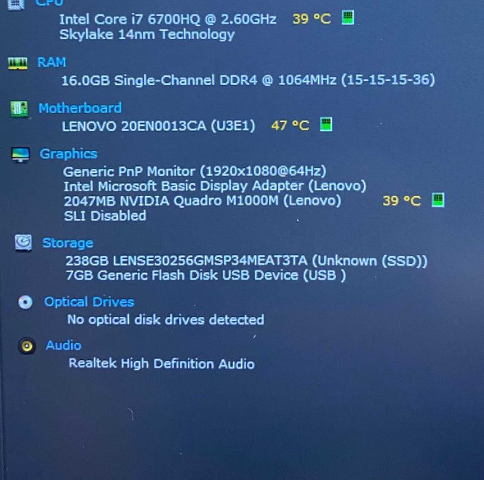Lenovo ThinkPad P50 i7-6700HQ QUADRO M1000M 2GB GPU 16GB RAM 256GB SSD READ  Lap200