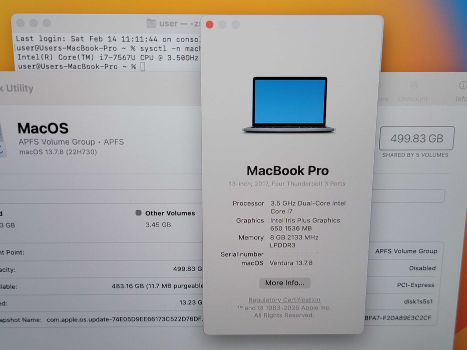 Apple Macbook Pro 2017 13" 2-Core i7-7567U @ 3.5GHz 8GB RAM 500GB SSD (