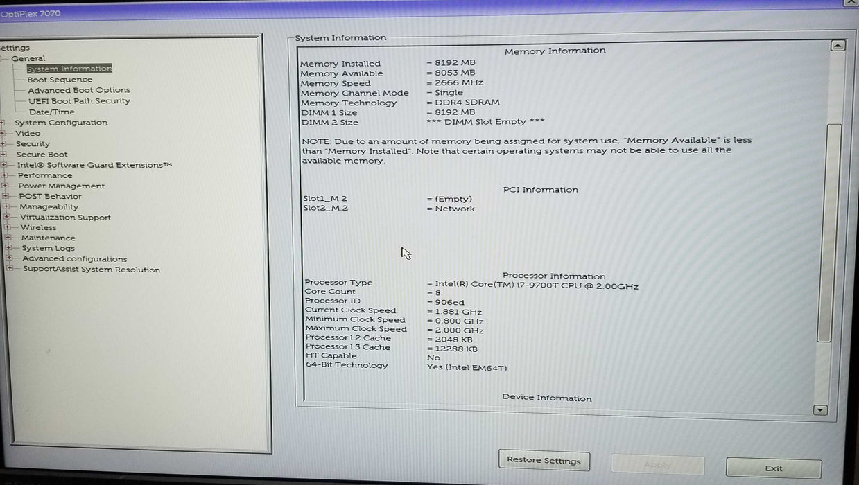 Dell OptiPlex 7070 USFF Intel i7-9700T CPU 8GB RAM No HDD