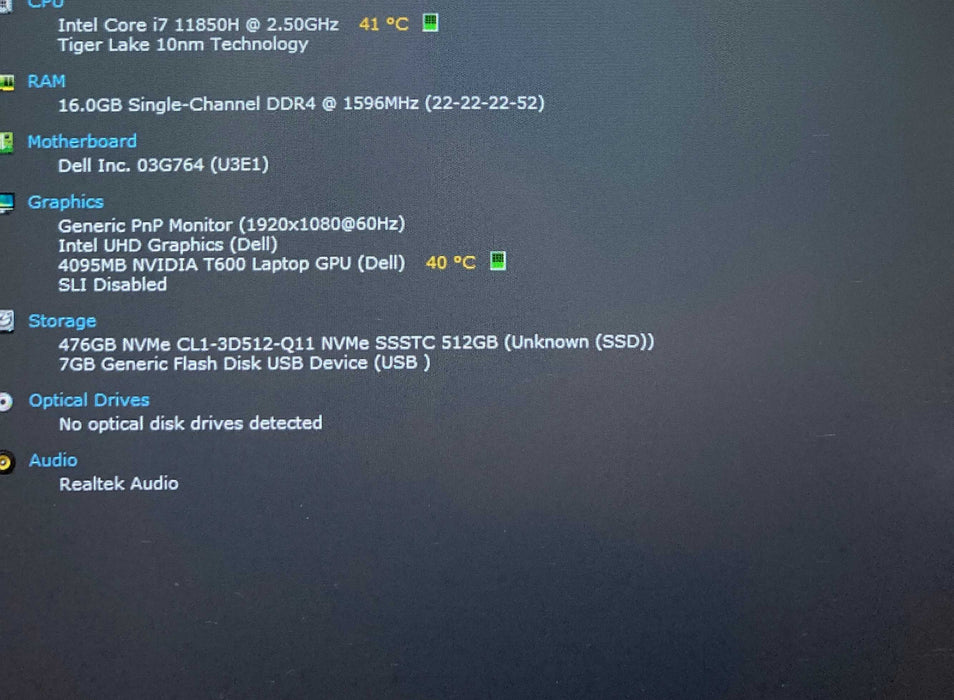 Dell Precision 3561 i7-11850H NVIDIA T600 4GB GPU 16GB RAM 512SSD FRENCH KB  Lap200