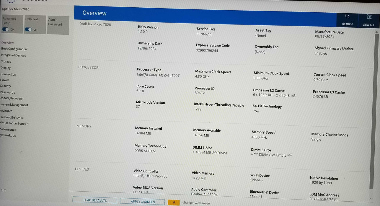 Dell OptiPlex Micro 7020 14th Gen i5-14500T CPU 16GB RAM 512GB NVMe w/ AC