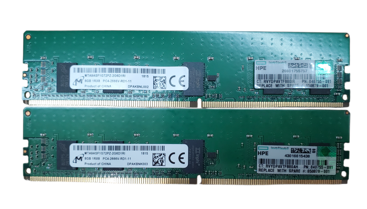 Lot 2x Micron 8GB 1Rx8 PC4-2666V-RD1-11 Server RAM | MTA9ASF1G72PZ-2G6D1RI