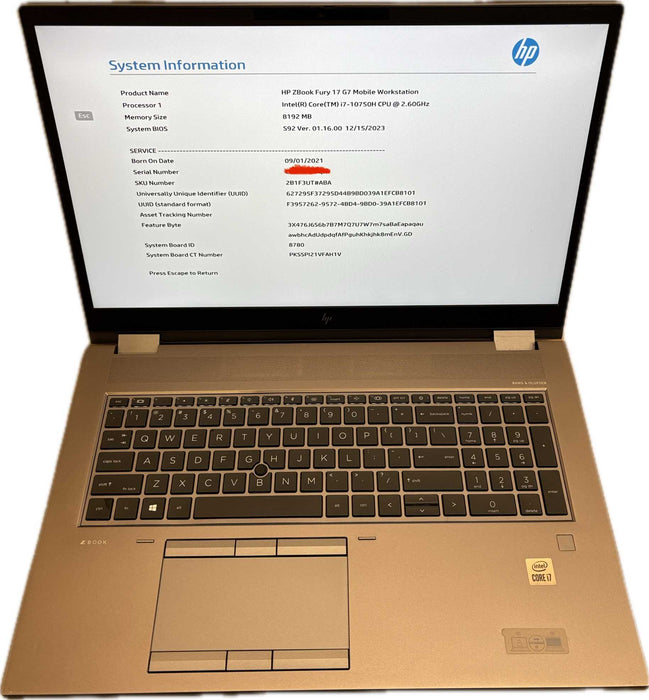 HP ZBook Fury 17 G7 i7-10750H 8GB RAM For Parts/Repair READ! Q Lap200