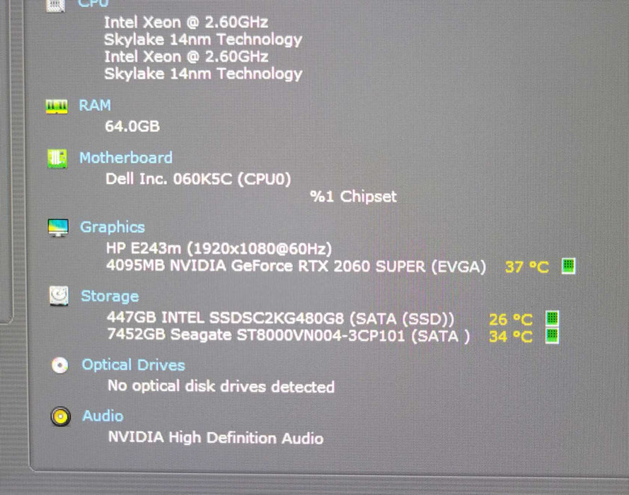 Dell 7920 2x Xeon Gold 6132 64GB DDR4 480GB SSD+8TB HDD 1400W RTX2060, SEE _