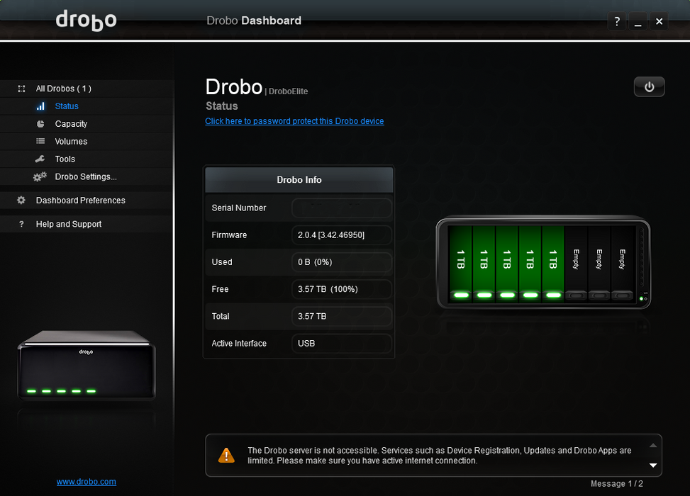Data Robotics Drobo DroboElite DREL 1-A 8 Bay Storage Array w/ 5x 1TB HDDs