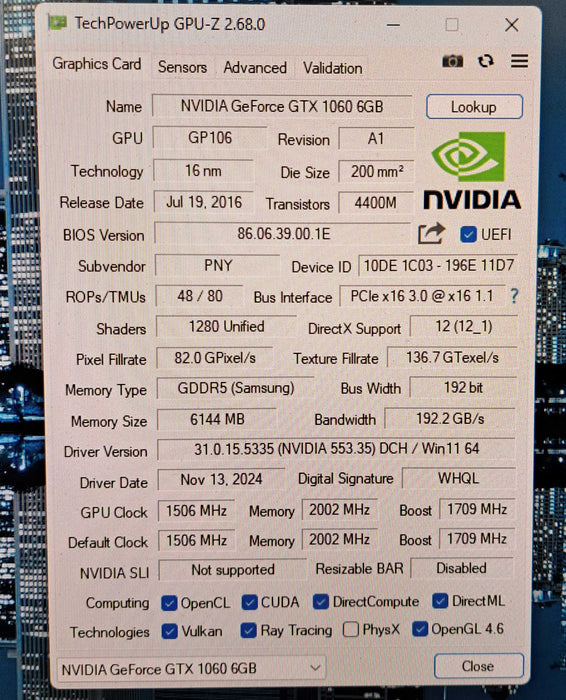 PNY GeForce GTX 1060 6GB GDDR5 Graphics Card | 3x DP HDMI DVI