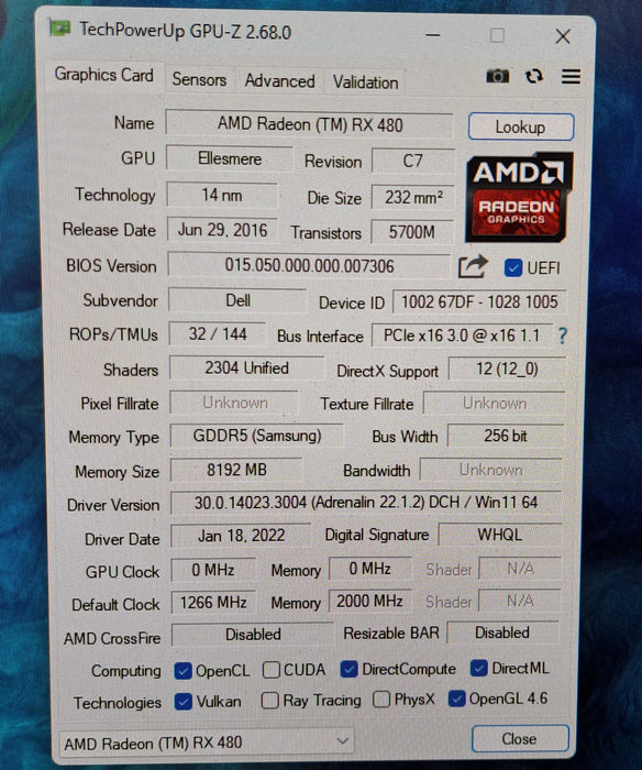 AMD Radeon RX 480 8GB GDDR5 Graphics Card | Dell PN: 0PPCN1 )