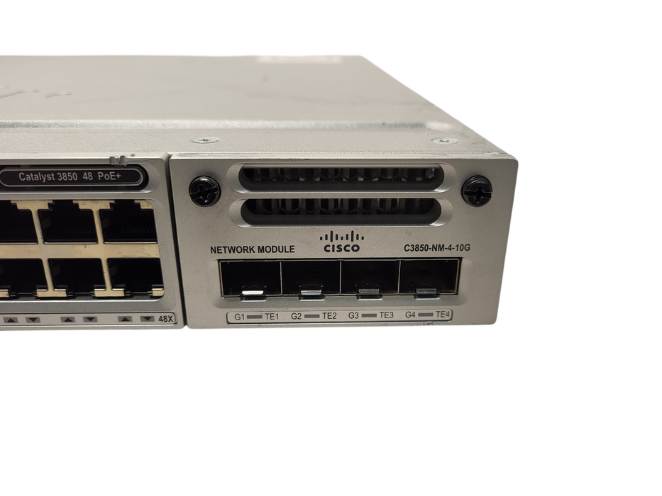 Cisco WS-C3850-48F-S GbE PoE+ Switch w/ 2x 1100W PSU, C3850-NM-4-10G Q$