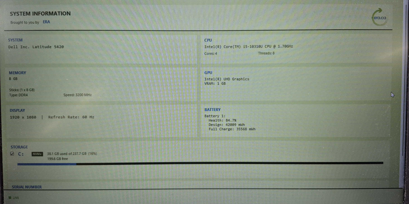 Dell Latitude 5420, i5-10310U 1.70GHz, 8GB DDR4, 256GB NVMe, READ  Lap200
