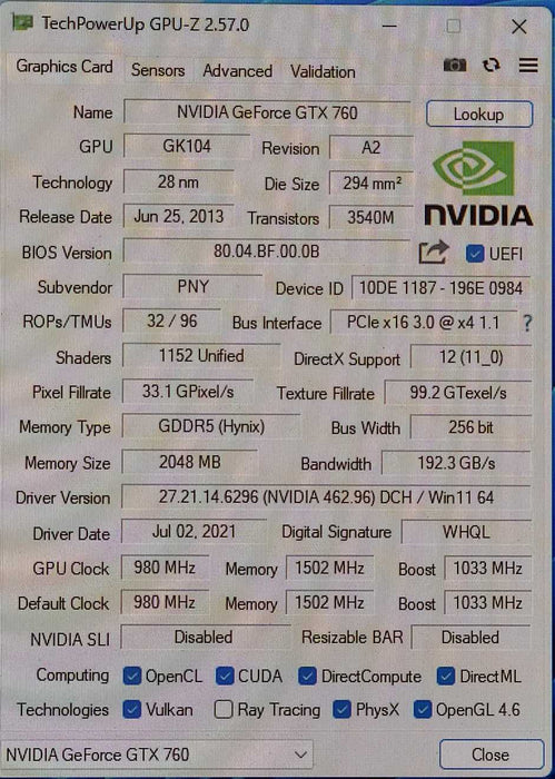 PNY GeForce GTX 760 Enthusiast Edition 2GB GDDR5 Graphics Card