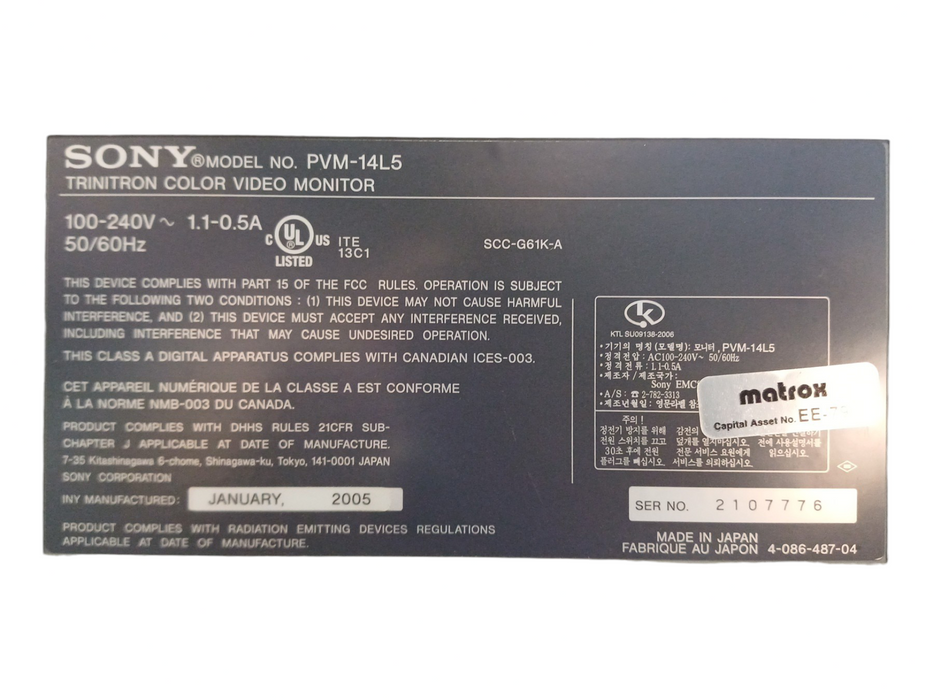 Sony trinitron Color video monitor PVM-14L5