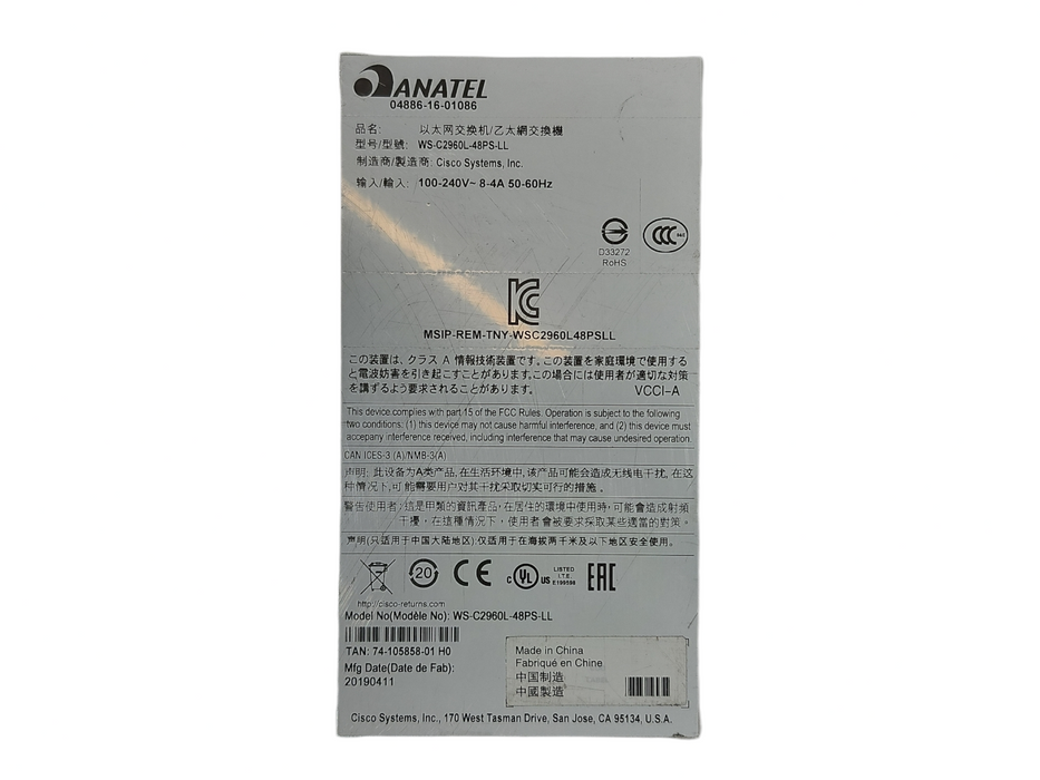 Cisco WS-C2960L-48PS-LL V01 48-Port Gigabit PoE Network Switch