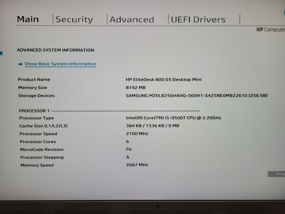 HP EliteDesk 800 G5 USFF, i5-9500T 2.20GHz, 8GB DDR4, 256GB NVMe, PWR adapt _