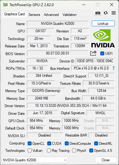 NVIDIA Quadro K2000 | 2GB GDDR5 GPU | 1x DVI 2x Display Port