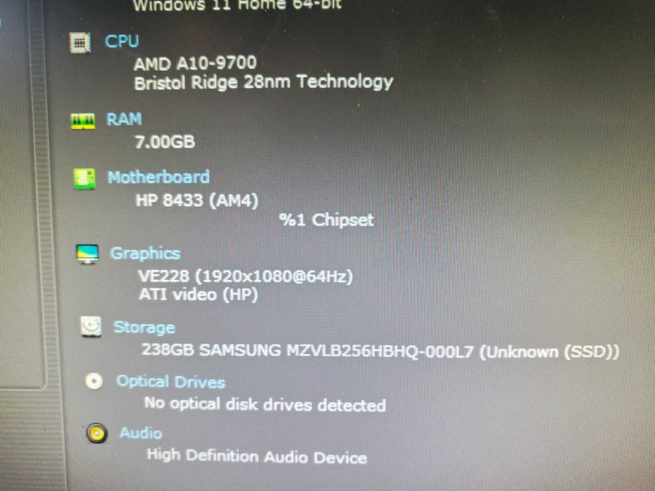 hp pavilion desktop 590 A10-9700 8GB RAM 256GB NVME NO OS