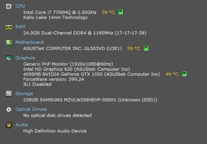 ASUS ROG Strix GL503V, i7-7700HQ 2.80GHz, 24GB DDR4, GTX 1050, 256GB NVMe  Lap200