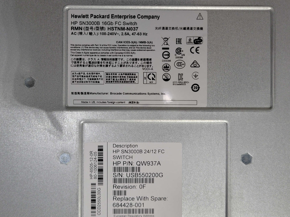 HP SN3000B 16GB FC Switch 24/12 FC QW937A 12-Port Active, 1x PSU _