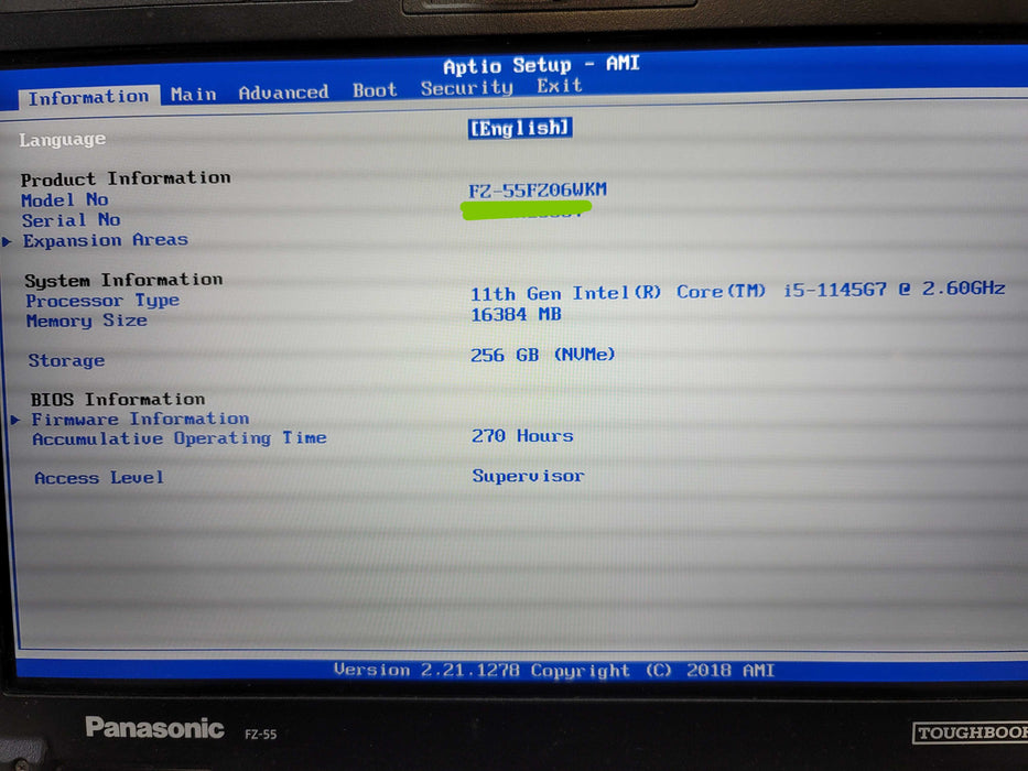 Panasonic ToughBook FZ-55 i5-1145G7 16GB DDR4 256GB NVMe  270Hrs β Lap200