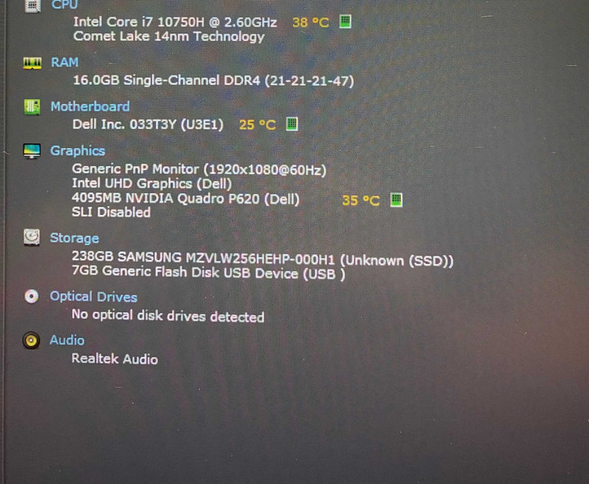 Dell Precision 3551 i7-10750H QUADRO P620 4GB GPU 16GB RAM 256GB SSD Q Lap200
