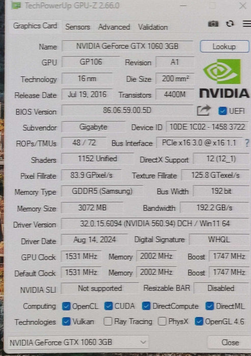 Gigabyte GeForce GTX 1060 3GB Graphics Card GV-N1060IXOC-3GD
