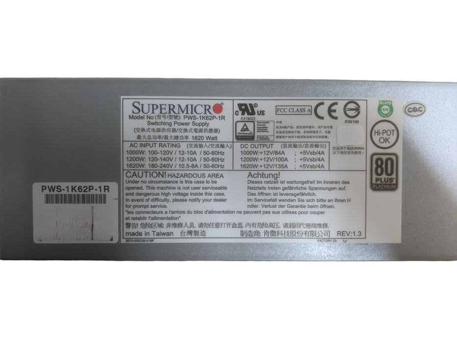 Supermicro PWS-1K62P-1R | 1620w 80 Plus Platinum Server Power Supply Q