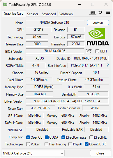 ASUS Nvidia GeForce 210 1GB PCIE HDMI/DVI Silent Graphics Card