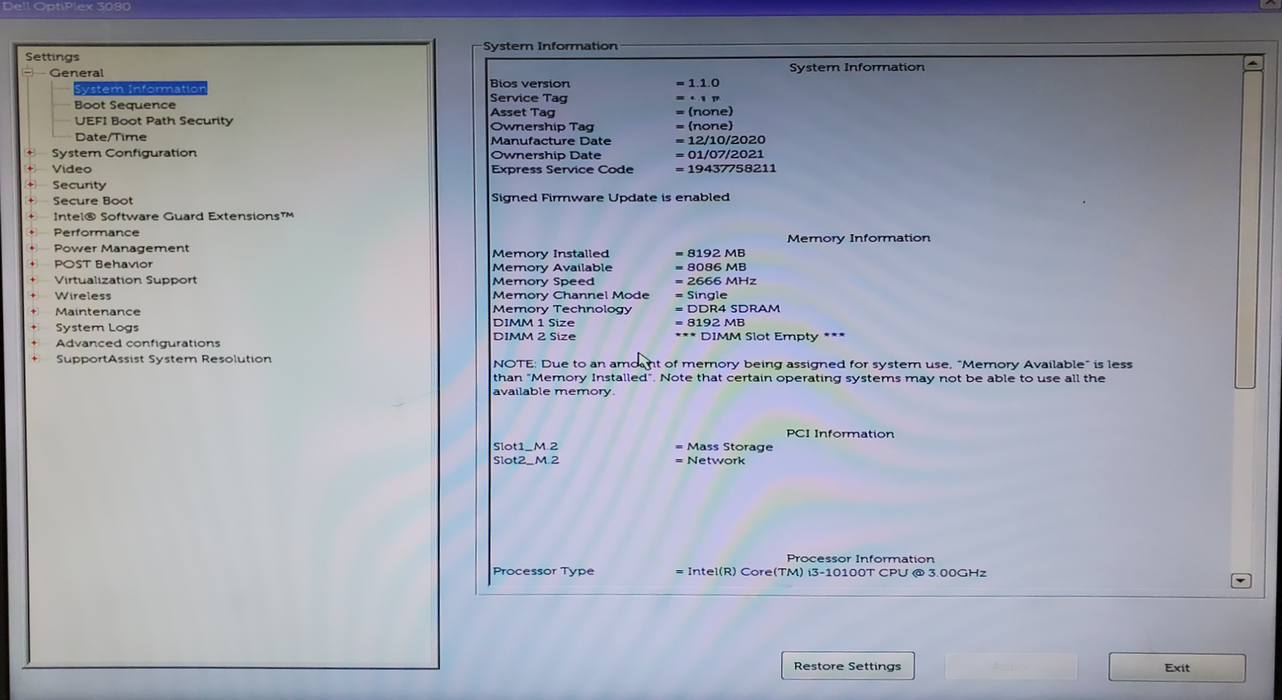 Dell OptiPlex 3080 Micro - Intel Core i3-10100T, 8GB DDR4, 256GB NVMe