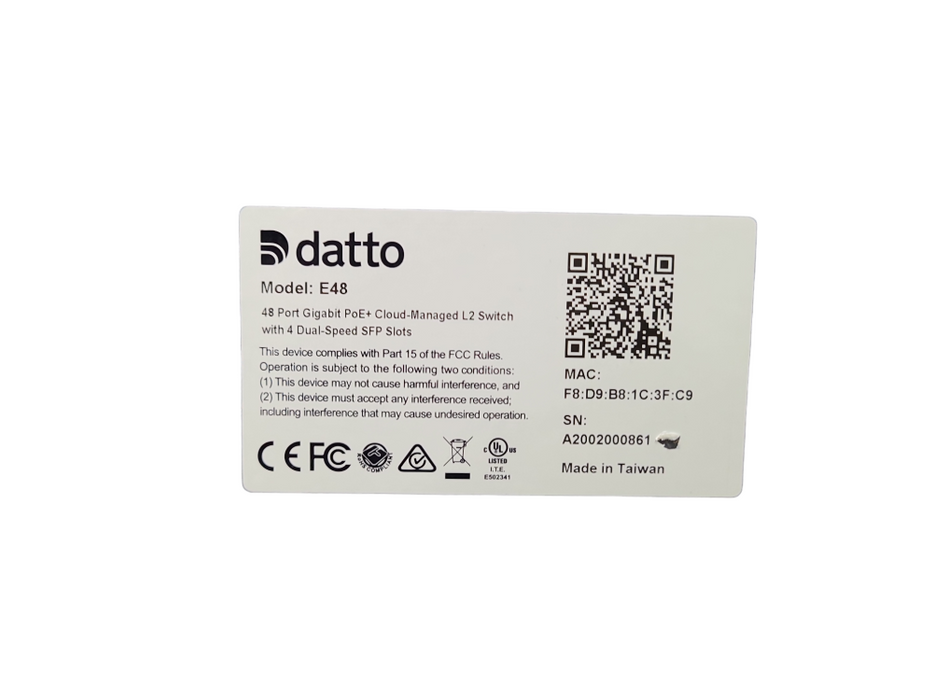 Datto E48 48-Port Gig PoE+ Cloud Managed L2 Switch w/ 4 Dual-Speed SFP, READ