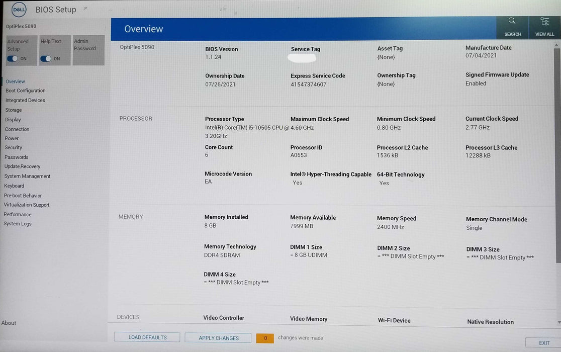 Dell OptiPlex 5090 SFF Intel i5-10505 CPU 3.20GHz 8GB RAM No HDD