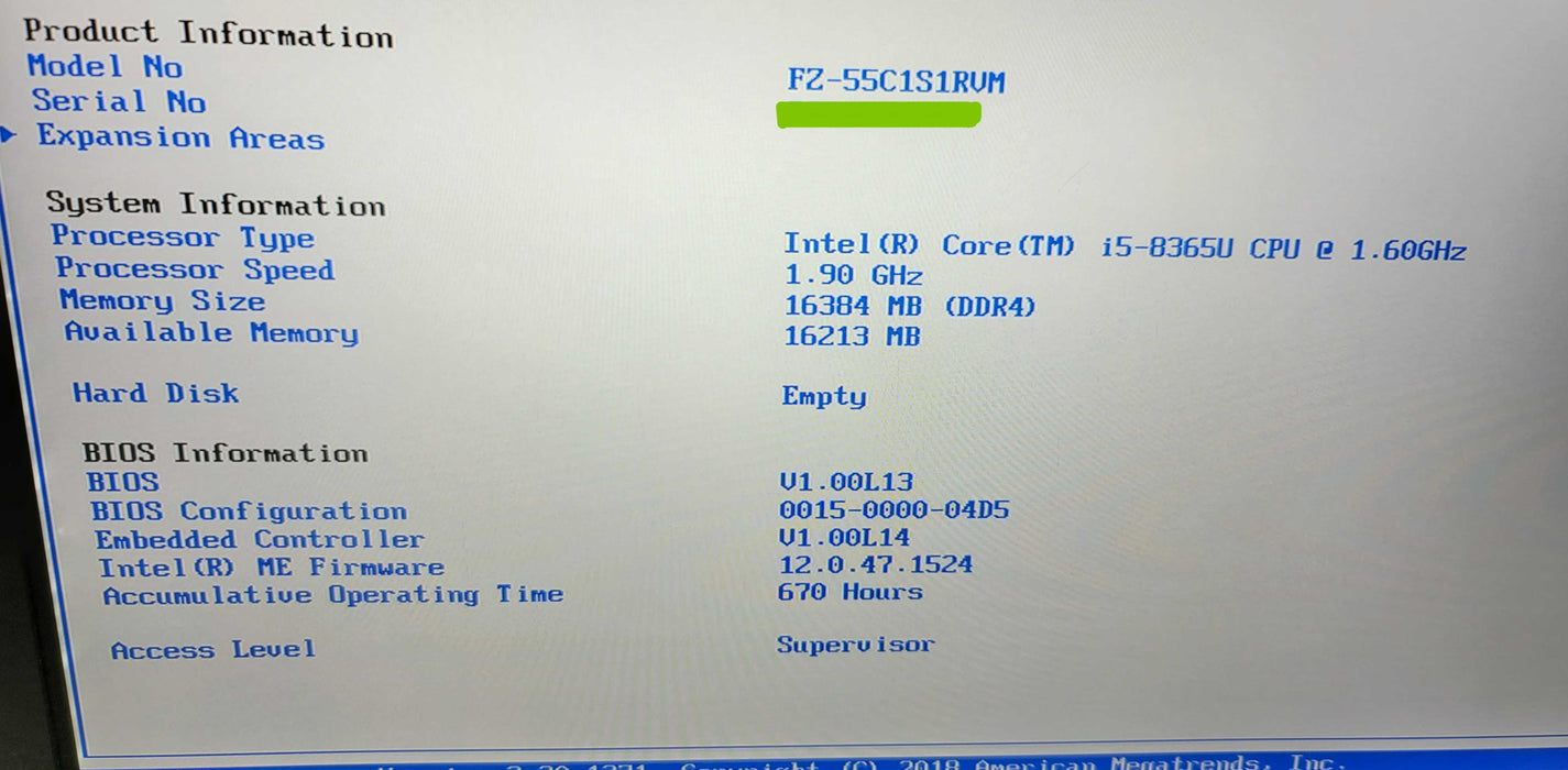 Panasonic ToughBook FZ-55 i5-8365U @ 1.60GHz 16GB DDR4 NO SSD READ  β