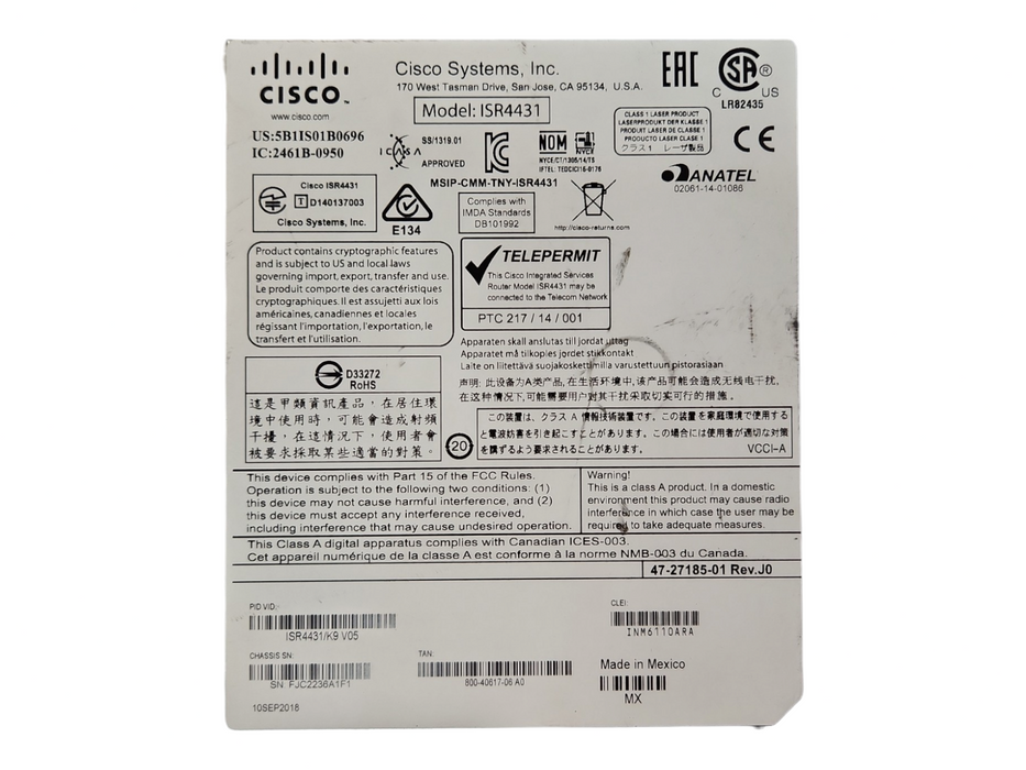 Cisco ISR4431/K9 v05 4400 Series Integrated Services Router, 1xPSU