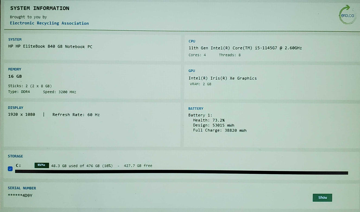 HP EliteBook 840 G8 14" FHD Laptop i5-1145G7 2.6GHz 16GB 256GB READ  Lap200