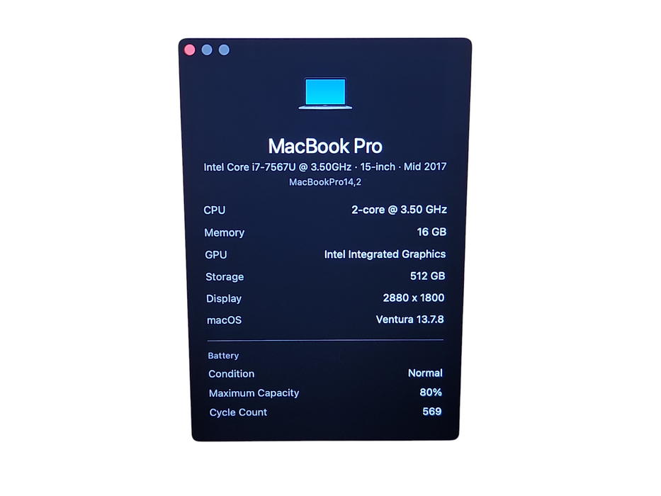 Apple Macbook Pro 2017 13" 2-Core i7-7567U @ 3.5GHz 16GB RAM 500GB SSD (