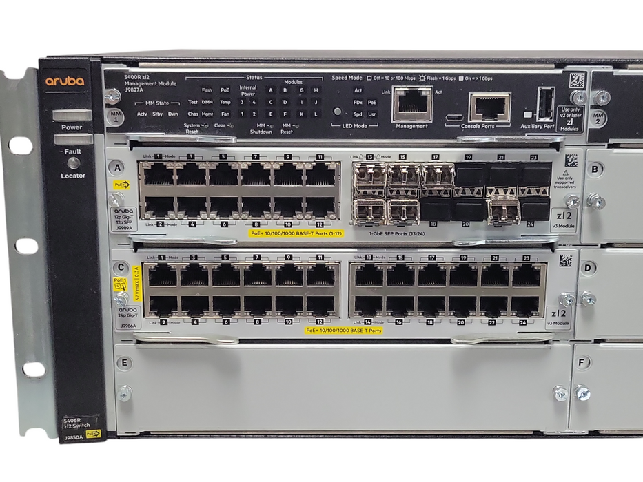 HP 5406 Rzl2 J9850A modular switch with 1x J9989A, 1x J9986A, and 2x PSU _