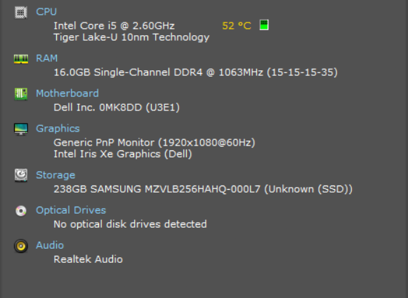 Dell Latitude 3520, i5-1145G7 2.60GHz, 16GB DDR4, 256GB NVMe, No AC  Lap200