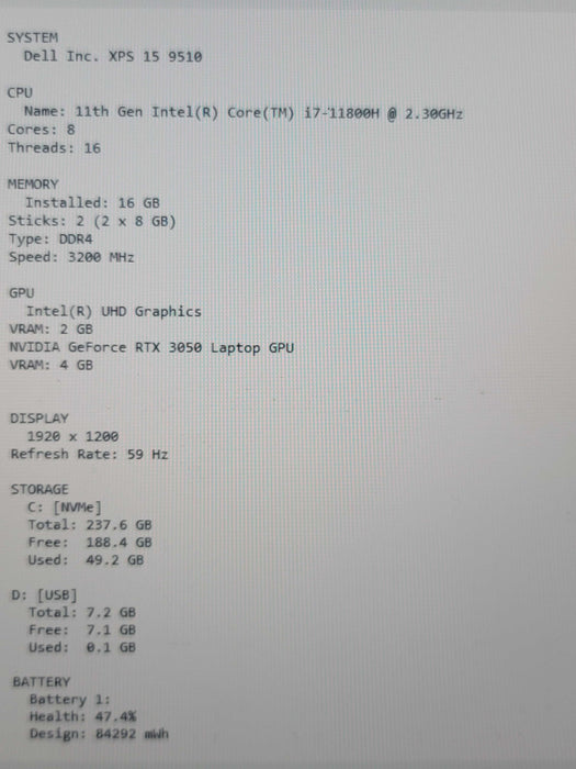 Dell XPS 15 9510 i7-11800H 16GB DDR4 RTX 3050 256GB NVMe READ  β Lap200