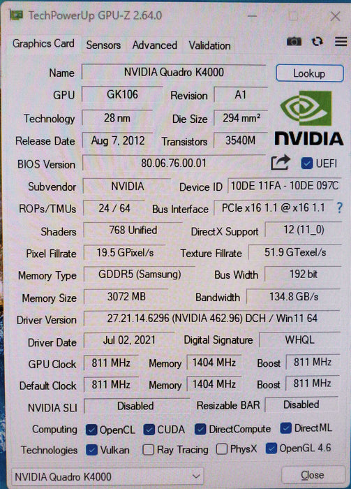 Nvidia Quadro K4000 3GB GDDR5 Graphics Card - 2xDP 1xDVI