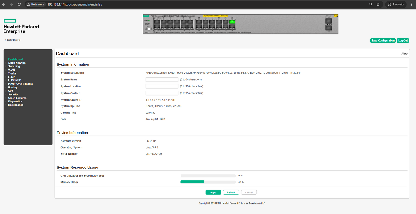 HPE OfficeConnect 1920s JL385A, 24 Port Gigabit PoE+ Network Switch