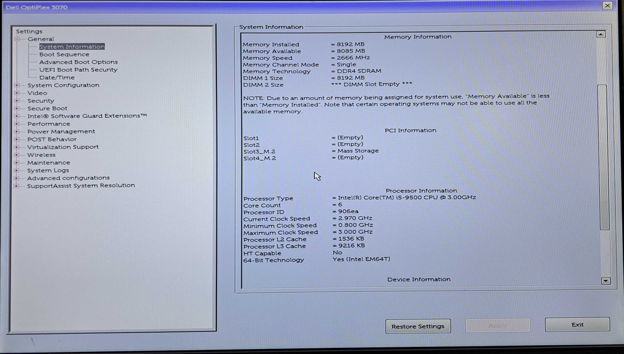 Dell OptiPlex 3070 SFF | Intel Core i5-9500 @3.00GHz, 8GB DDR4, 256GB NVMe