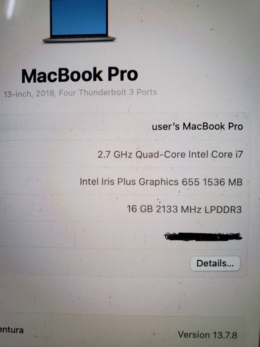 Apple MacBook Pro 13" 2018  i7 2.70GHz/16GB/512GB SSD A1989 read