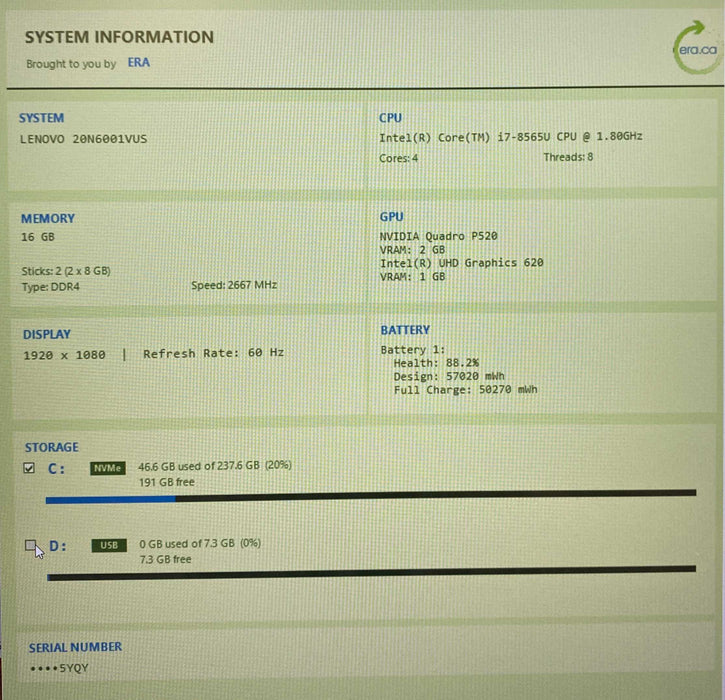 Lenovo ThinkPad P53s i7-8565U QUADRO P520 2GB GPU 16GB RAM 256GB SSD  Lap200