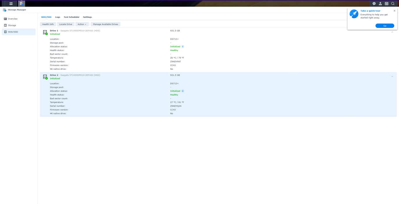 Synology DS713+ 2-Bay NAS Storage w/ 2x 1TB HDD, No Power Adapter