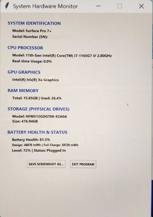 Microsoft Surface Pro 7+, i7-1165G7 2.80GHz, 16GB DDR4, 512GB SSD  Lap200