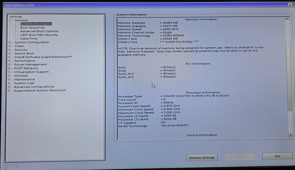 Dell OptiPlex 3070 SFF Intel Core i5-9500 @3.00GHz, 16GB DDR4, 512GB NVMe