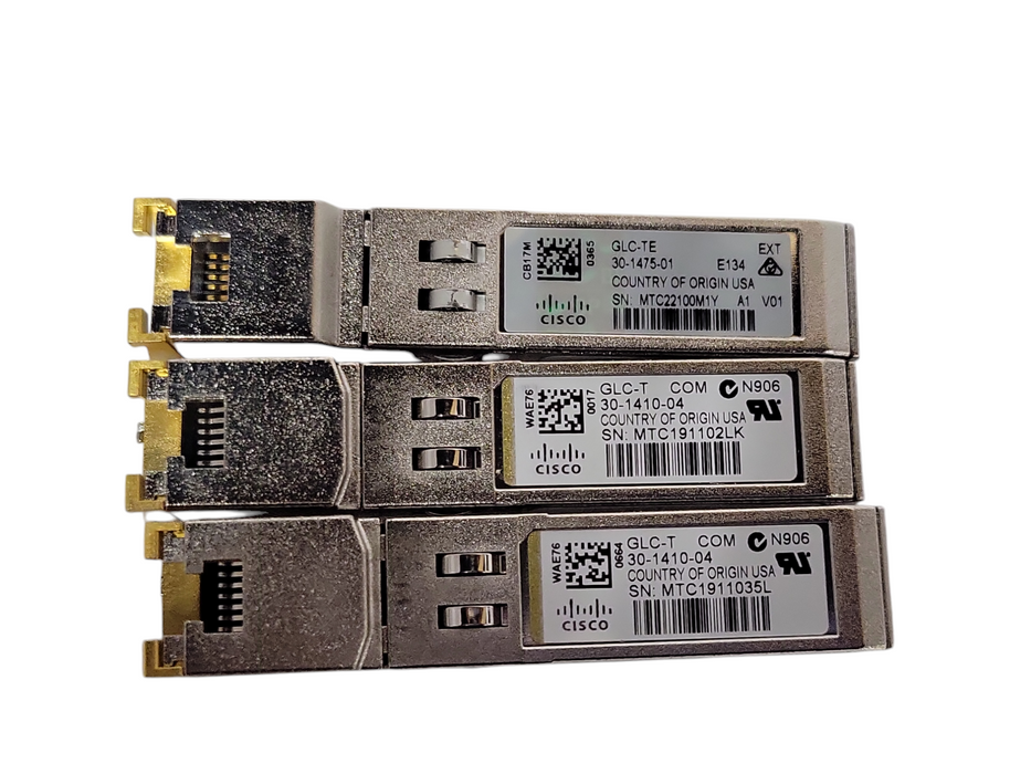 Lot of 3x Cisco (2x GLC-T and 1x GLC-TE) 1000 BASE-T SFP Copper RJ-45 Transce _