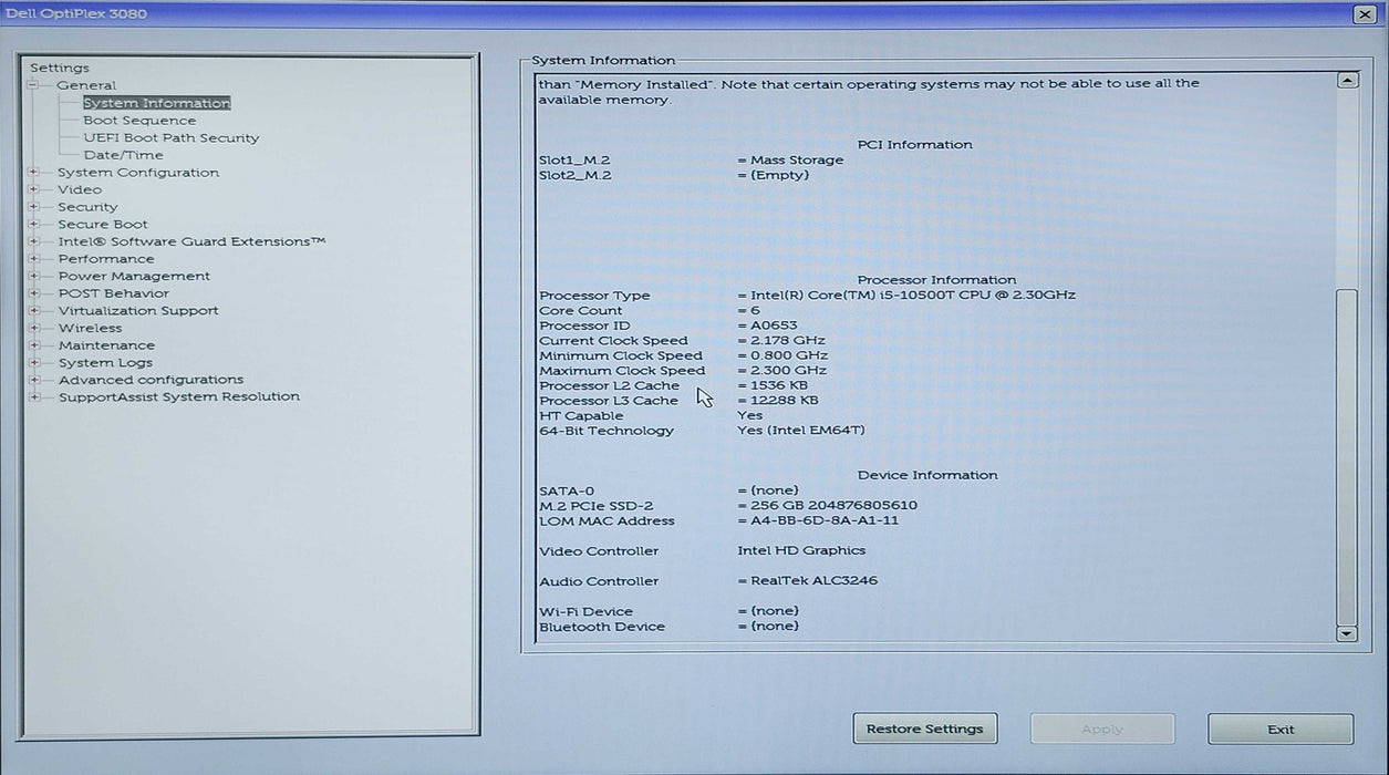 Dell	Optiplex 3080 USFF, i5-10500T 2.30GHz, 16GB DDR4, 256GB NVMe, No PWR Q